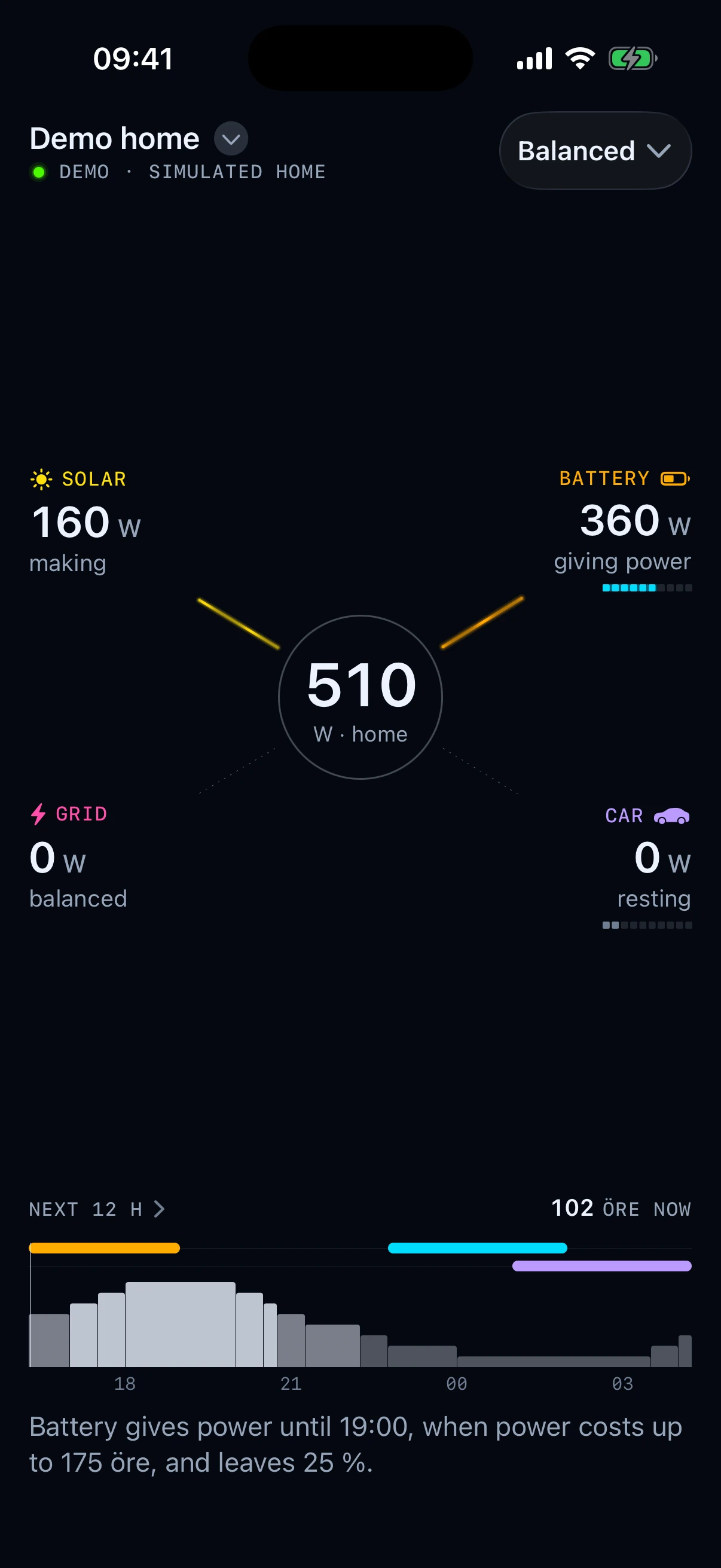 Full FTW iPhone screen showing energy flow and the next twelve hours in a simulated home